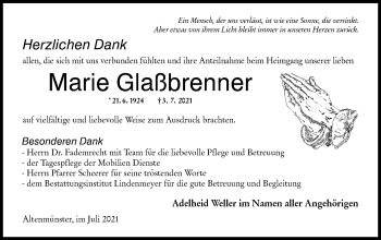 Traueranzeige von Marie Glaßbrenner von Hohenloher Tagblatt