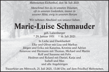 Traueranzeige von Marie-Luise Schmauder von Metzinger-Uracher Volksblatt