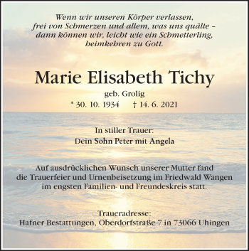 Traueranzeige von Marie Elisabeth Tichy von NWZ Neue Württembergische Zeitung