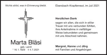 Traueranzeige von Marta Bläsi von NWZ Neue Württembergische Zeitung