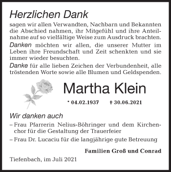 Traueranzeige von Martha Klein von Hohenloher Tagblatt