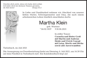 Traueranzeige von Martha Klein von Hohenloher Tagblatt