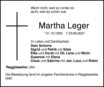 Traueranzeige von Martha Leger von SÜDWEST PRESSE Ausgabe Ulm/Neu-Ulm