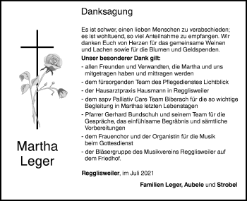 Traueranzeige von Martha Leger von Illertal Bote