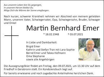 Traueranzeige von Martin Bernhard Emer von Hohenloher Tagblatt