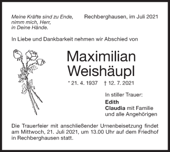 Traueranzeige von Maximilian Weishäupl von NWZ Neue Württembergische Zeitung