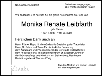 Traueranzeige von Monika Renate Leibfarth von Metzinger-Uracher Volksblatt