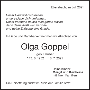 Traueranzeige von Olga Goppel von NWZ Neue Württembergische Zeitung