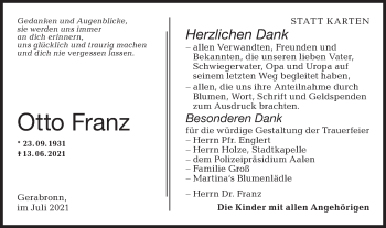 Traueranzeige von Otto Franz von Hohenloher Tagblatt