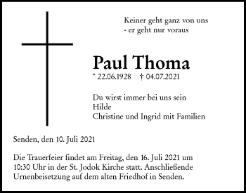 Traueranzeige von Paul Thoma von SÜDWEST PRESSE Ausgabe Ulm/Neu-Ulm