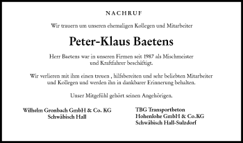 Traueranzeige von Peter-Klaus Baetens von Haller Tagblatt