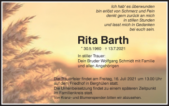 Traueranzeige von Rita Barth von SÜDWEST PRESSE Ausgabe Ulm/Neu-Ulm