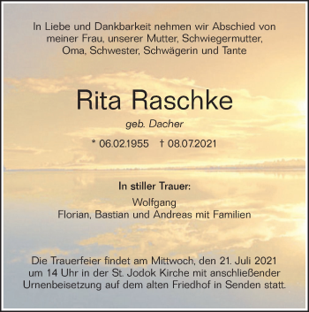 Traueranzeige von Rita Raschke von SÜDWEST PRESSE Ausgabe Ulm/Neu-Ulm