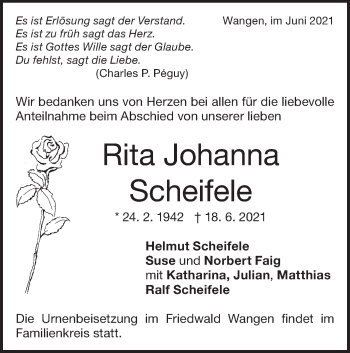 Traueranzeige von Rita Johanna Scheifele von NWZ Neue Württembergische Zeitung