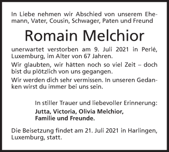 Traueranzeige von Romain Melchior von Hohenloher Tagblatt