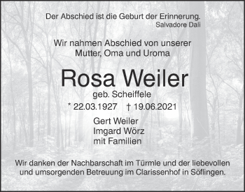 Traueranzeige von Rosa Weiler von SÜDWEST PRESSE Ausgabe Ulm/Neu-Ulm