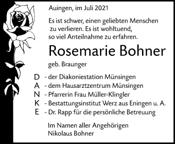 Traueranzeige von Rosemarie Bohner von Alb-Bote/Metzinger-Uracher Volksblatt