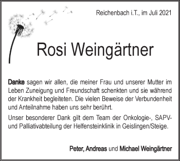 Traueranzeige von Rosi Weingärtner von Geislinger Zeitung