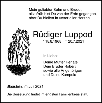 Traueranzeige von Rüdiger Luppod von SÜDWEST PRESSE Ausgabe Ulm/Neu-Ulm