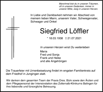 Traueranzeige von Siegfried Löffler von Metzinger-Uracher Volksblatt