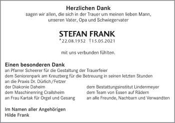 Traueranzeige von Stefan Frank von Hohenloher Tagblatt