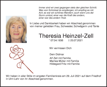 Traueranzeige von Theresia Heinzel-Zell von SÜDWEST PRESSE Ausgabe Ulm/Neu-Ulm