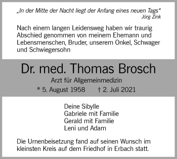 Traueranzeige von Thomas Brosch von SÜDWEST PRESSE Ausgabe Ulm/Neu-Ulm