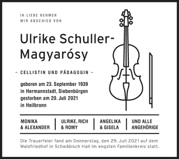 Traueranzeige von Ulrike Schuller-Magyarósy von Haller Tagblatt