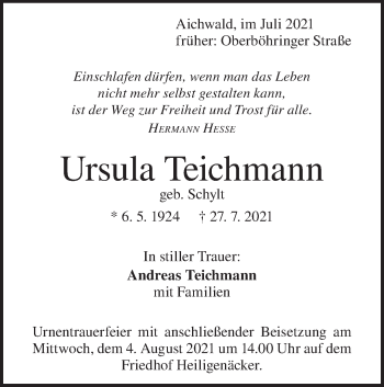 Traueranzeige von Ursula Teichmann von Geislinger Zeitung