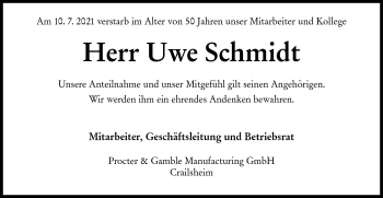 Traueranzeige von Uwe Schmidt von Hohenloher Tagblatt