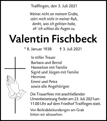 Traueranzeige von Valentin Fischbeck von Alb-Bote/Metzinger-Uracher Volksblatt