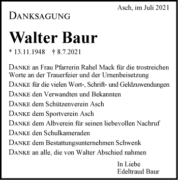 Traueranzeige von Walter Baur von SÜDWEST PRESSE Ausgabe Ulm/Neu-Ulm