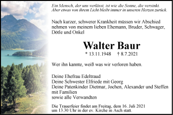 Traueranzeige von Walter Baur von SÜDWEST PRESSE Ausgabe Ulm/Neu-Ulm