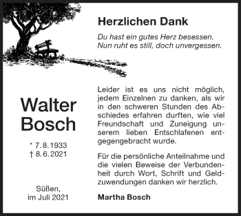 Traueranzeige von Walter Bosch von NWZ Neue Württembergische Zeitung