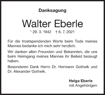 Traueranzeige von Walter Eberle von NWZ Neue Württembergische Zeitung