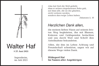 Traueranzeige von Walter Haf von Hohenloher Tagblatt