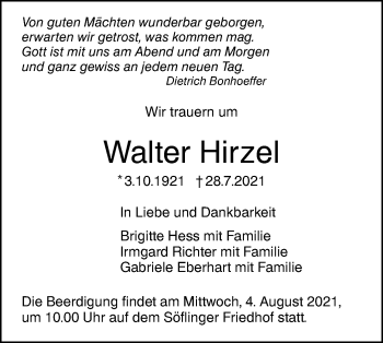 Traueranzeige von Walter Hirzel von SÜDWEST PRESSE Ausgabe Ulm/Neu-Ulm