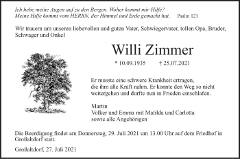 Traueranzeige von Willi Zimmer von Haller Tagblatt