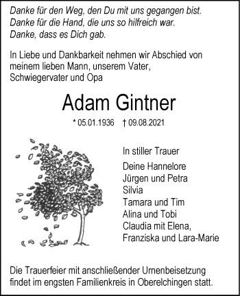 Traueranzeige von Adam Gintner von SÜDWEST PRESSE Ausgabe Ulm/Neu-Ulm