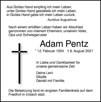 Traueranzeige von Adam Pentz von SÜDWEST PRESSE Ausgabe Ulm/Neu-Ulm