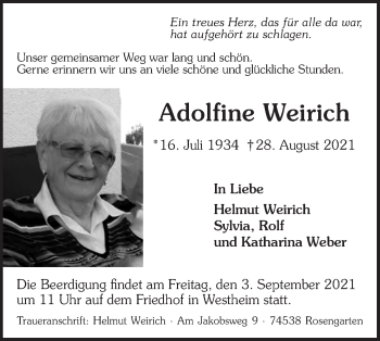 Traueranzeige von Adolfine Weirich von Haller Tagblatt