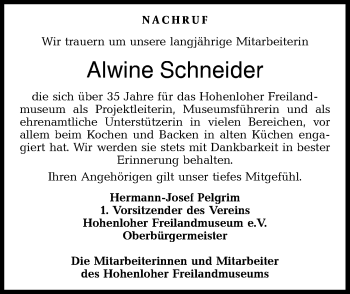 Traueranzeige von Alwine Schneider von Haller Tagblatt