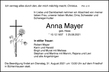 Traueranzeige von Anna Mayer von SÜDWEST PRESSE Ausgabe Ulm/Neu-Ulm