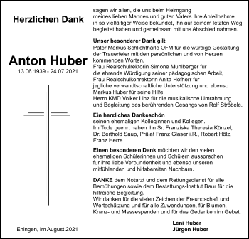 Traueranzeige von Anton Huber von Ehinger Tagblatt