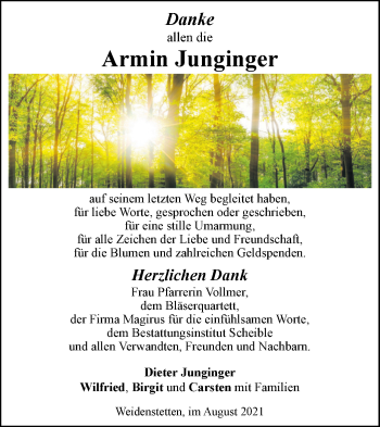 Traueranzeige von Armin Junginger von SÜDWEST PRESSE Ausgabe Ulm/Neu-Ulm