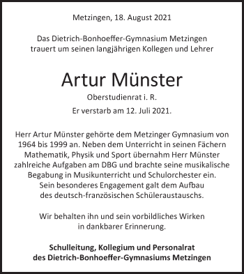 Traueranzeige von Artur Münster von Metzinger-Uracher Volksblatt