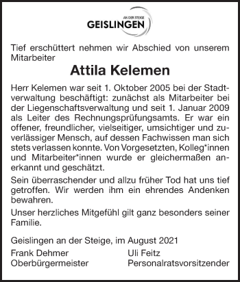 Traueranzeige von Attila Kelemen von Geislinger Zeitung