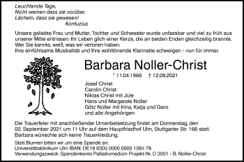 Traueranzeige von Barbara Noller-Christ von SÜDWEST PRESSE Ausgabe Ulm/Neu-Ulm