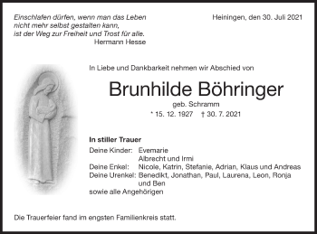 Traueranzeige von Brunhilde Böhringer von NWZ Neue Württembergische Zeitung