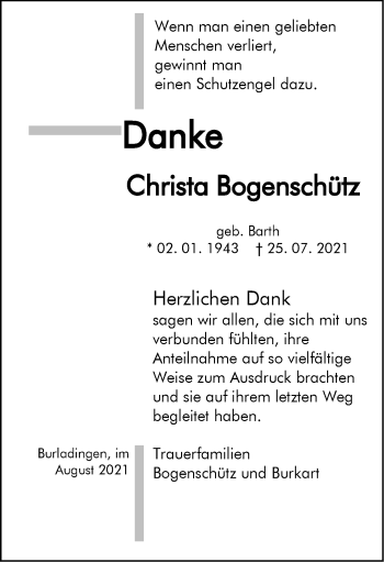 Traueranzeige von Christa Bogenschütz von Metzinger-Uracher Volksblatt